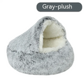 Gray plush winter deep sleep pet bed, semi-enclosed round design