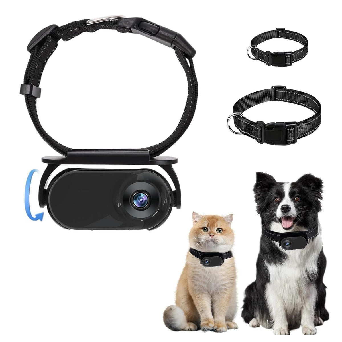 Collar con cámara HD 1080P para mascotas, gatos y perros, con clip y gran angular