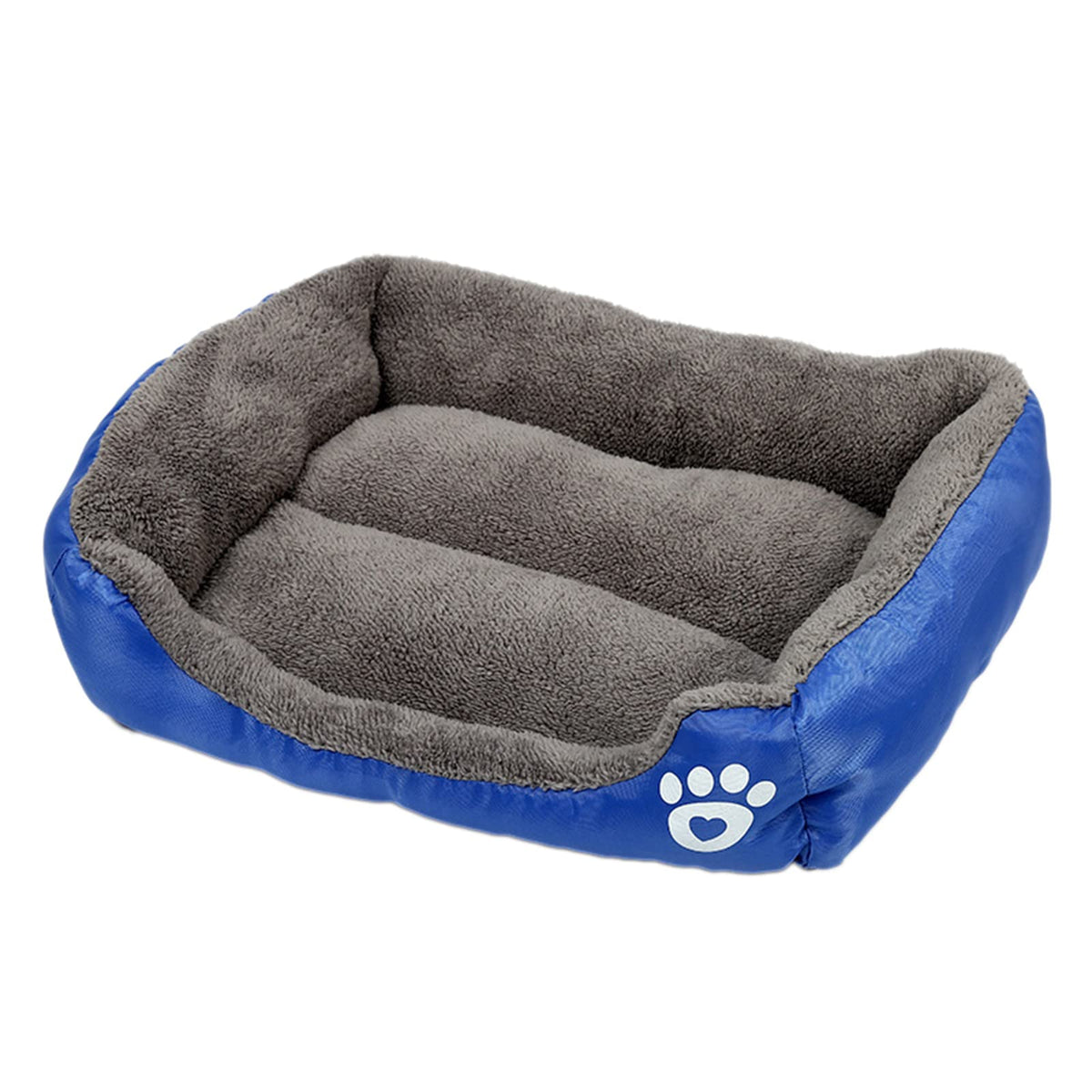 Paw-print pet sofa bed with blue waterproof base and soft grey plush cushion
