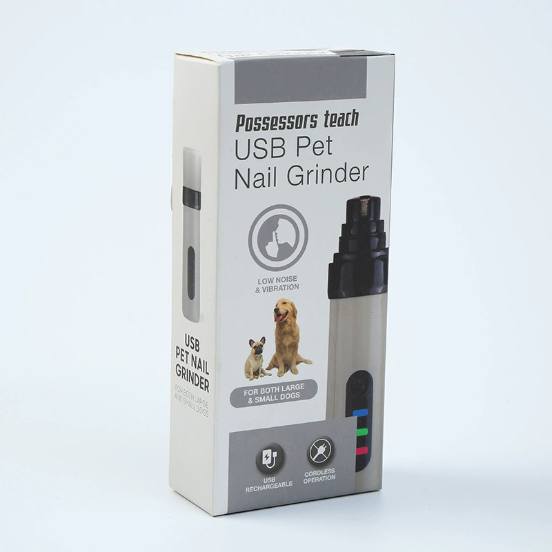 “Electric dog nail grinder with USB charging cable”
“USB pet nail grinder retail box, front view”
“White nail grinder with user manual and USB cable”
“Close-up of the nail grinder’s diamond grinding head”