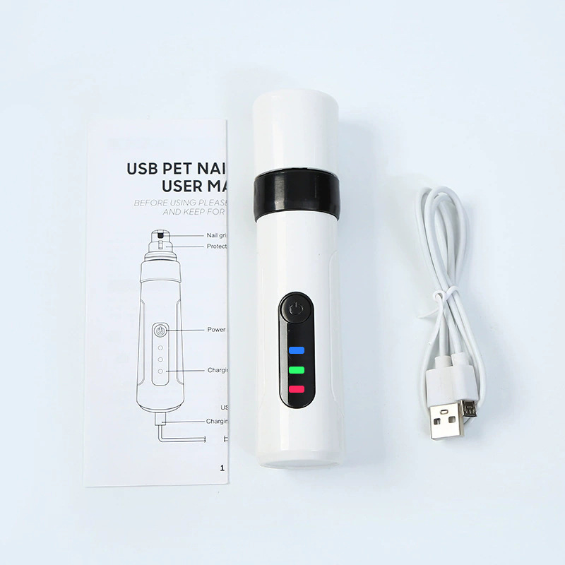White USB nail grinder with user manual and charging cable