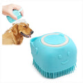 Silicone pet shower massage brush, shown in use washing a dog