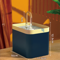 Automatic cat water fountain with filtered circulating dispenser, shown with dimensions