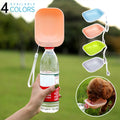Portable dog travel water bottle with attached drinking bowl, shown with four color options