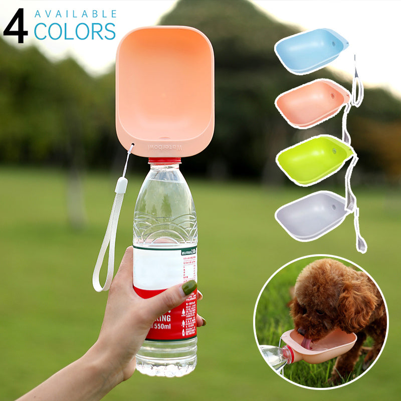 Portable dog travel water bottle with attached drinking bowl, shown with four color options