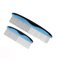 Pet grooming combs with blue and black handles, stainless steel teeth